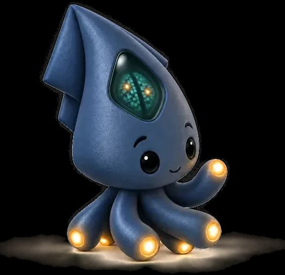 Brain, the navy squid with a glowing brain screen